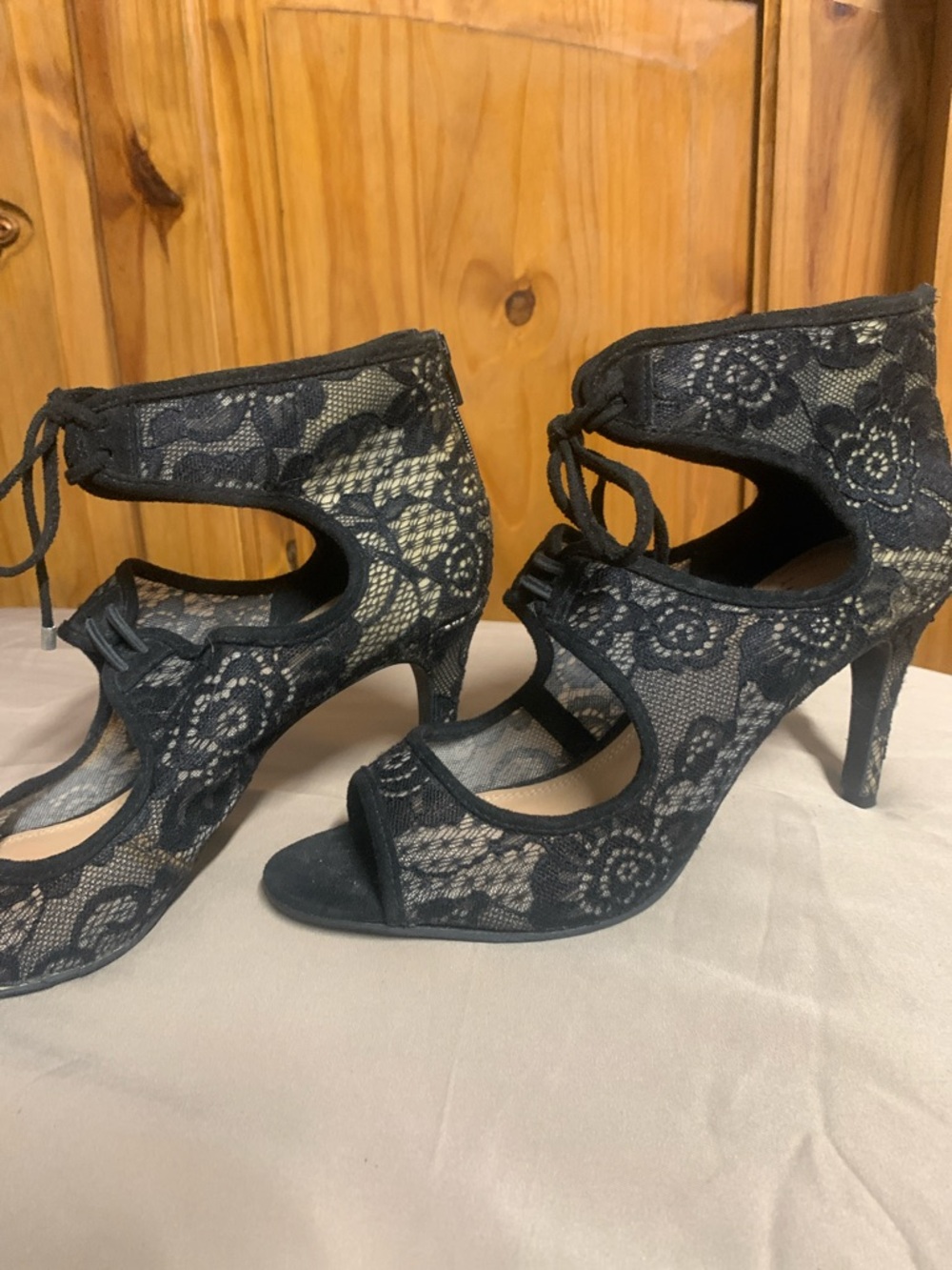 Impo Black Lace Cutout Ankle Tie Stiletto Heels